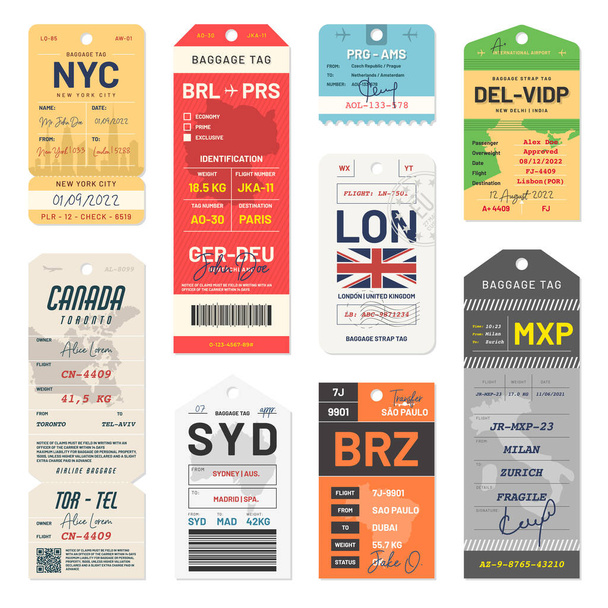 Baggage tags and travel tags. Luggage tags and labels for airport passengers. Set of luggage labels and stickers for travelers. Vector - Vettoriali, immagini
