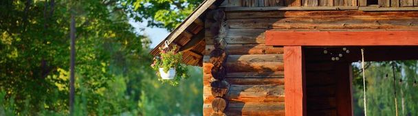 Uma antiga casa de madeira rústica tradicional (cabana de madeira ou galpão) em uma floresta de bétula verde. Paisagem pastoral. Equipamento de jardim em segundo plano. Eco turismo, tema de recreação. Setomaa, Estónia - Foto, Imagem