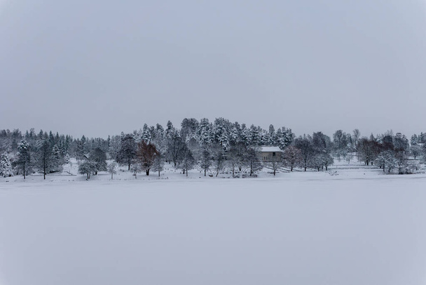 İsveç 'te karla kaplı bir yılan üzerinde beyaz kış manzarası, diğer tarafta bir mezarlık ve karla kaplı ağaçlar var. - Fotoğraf, Görsel