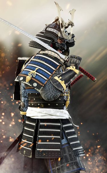 The way of the Samurai , A fully armored Samurai surveys the battlefield. 3d rendering - Φωτογραφία, εικόνα