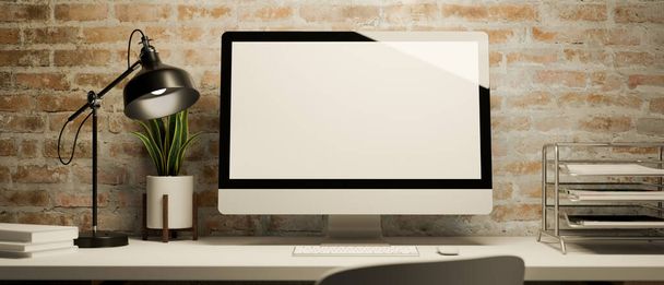 オフィス用品やレンガの壁の上の机の上の装飾と現代のデスクトップコンピュータのモックアップ。3Dレンダリング、 3Dイラスト - 写真・画像