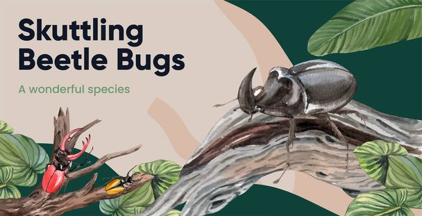 Modello di cartellone con il concetto di bug scarafaggi, acquerello styl - Vettoriali, immagini