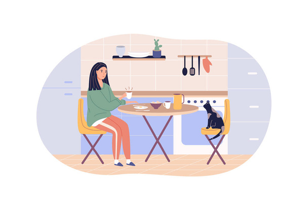 Modern woman enjoying breakfast sitting at kitchen home table. Cat seat on chair. Independent female eating frying eggs, croissant, drinking hot tea coffee. Lonely person enjoying morning flat vector - ベクター画像