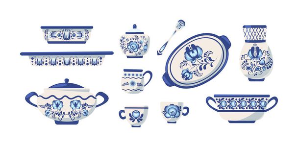 Vintage decorative painting crockery set. Blue porcelain plates, bowls and jar decorated by floral pattern. Flower retro paint on ceramic dishes. Pottery Russian traditional design cartoon vector - Vetor, Imagem