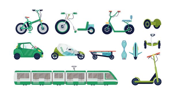 Modern electric urban transport: bicycle, gyro scooter, scooter, bicycle, electric car, tram, hoverboard, segway. Ecological alternative transport vector - Vektör, Görsel