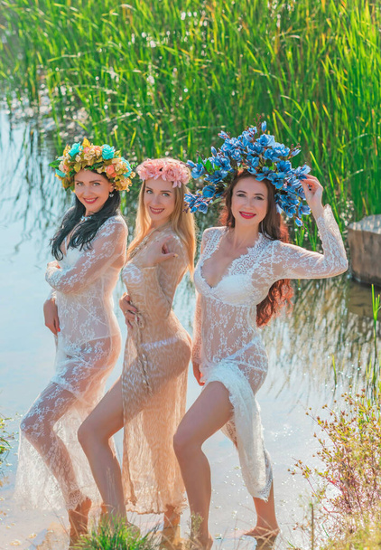 Portrait of three sexy European woman in stylish dress and accessories at nature. Underwear mix clothes. Middle aged ladies, sensual concept lifestyle - Photo, Image