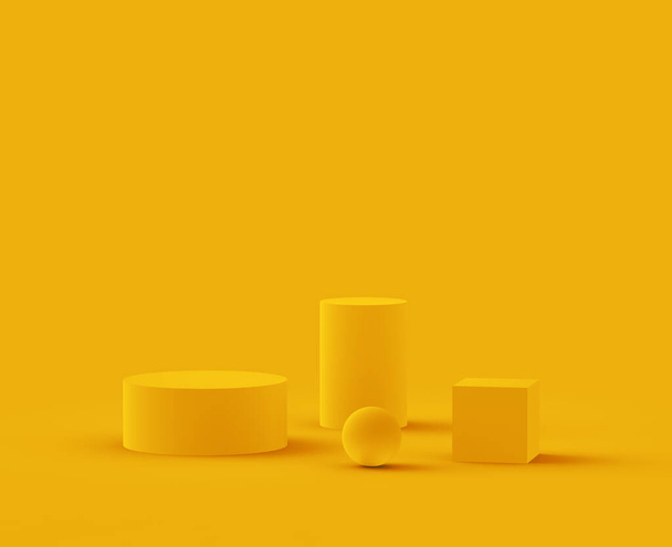 3d sárga dobogó minimális stúdió háttér. Absztrakt 3D geometrikus alakú tárgy illusztráció render.Display nyári nyaralás termék. - Fotó, kép