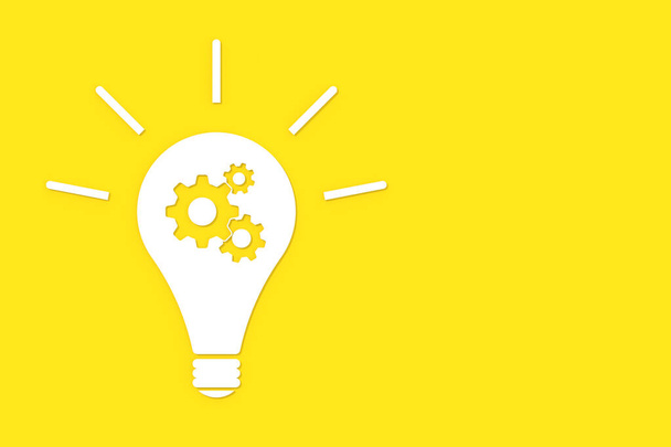 黄色の背景に影を持つ白い輝く電球。アイデアのシンボルのイラスト。水平画像。電球のギア。3D画像。3Dレンダリング - 写真・画像