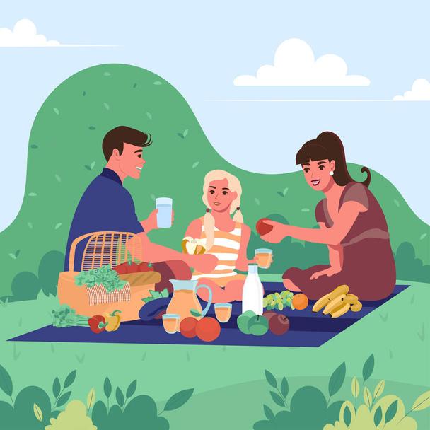 Familia en un picnic en el parque. Vector plano ilustración de desayuno al aire libre - Vector, imagen