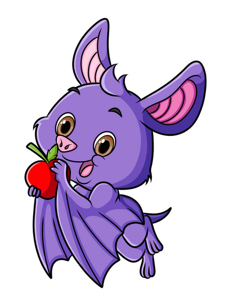 The cute bat is holding the apple for eat of illustration - Vector, Image