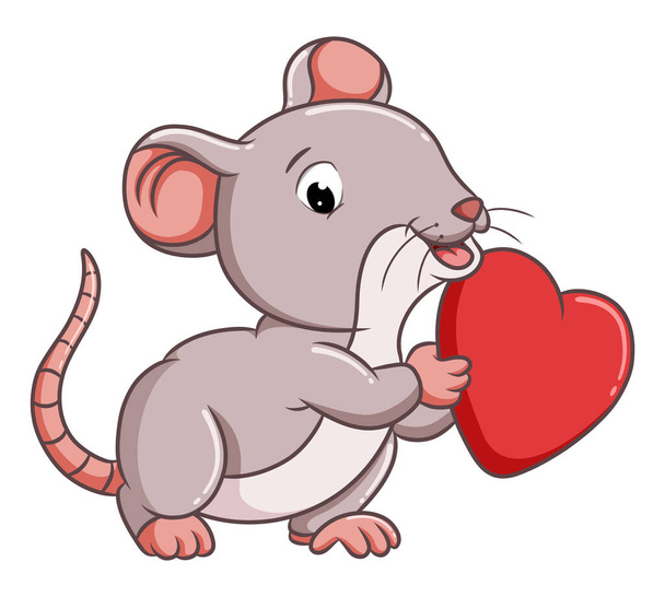 The cute mouse is holding the love heart with red color of illustration - ベクター画像