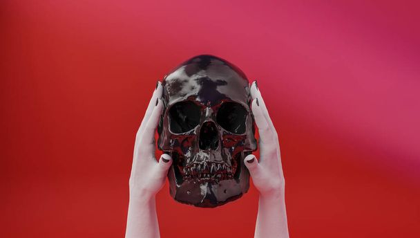 3D-Darstellung eines Schädels, der einen Schädel in den Händen einer Frau hält - Foto, Bild