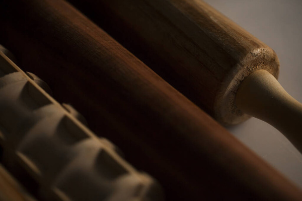 Dough rolling pin and flower close up details shots - 写真・画像