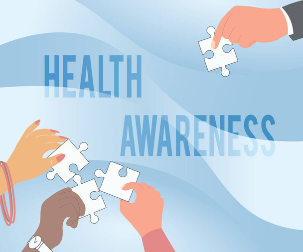 Text sign showing Health Awareness. Word for Promoting community issues and preventative action Illustration Of Hands Holding Jigsaw Puzzle Pieces Helping Each Others. - Photo, Image