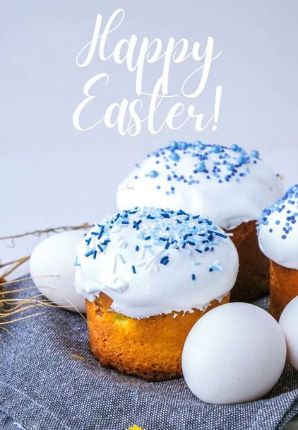 HAPPY EASTER greeting card Happy Day Bright Easter. Orthodox Easter holiday. Creative stylish trend Homemade easter cake and eggs. Copy space sheet paper. Kulich Festive background Minimalism - Photo, Image