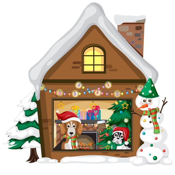 白い背景のイラストのクリスマスハウスでかわいい犬 - ベクター画像