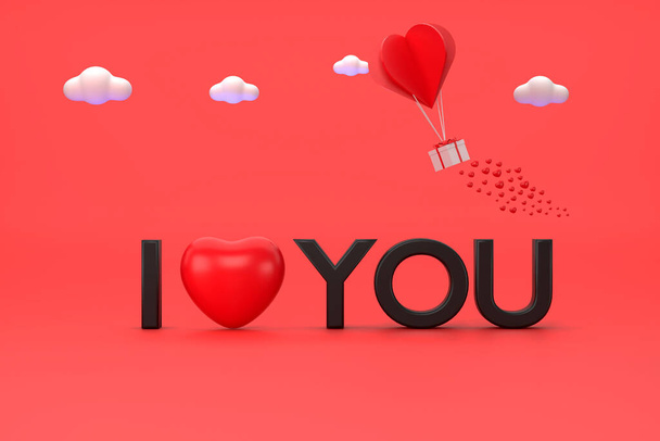3D. Gift boxes and heart balloon floating. Text and pink heart for wording I Love you. - Foto, afbeelding