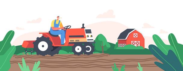 Worker Character Agricultural Worker Prepare Field for Sowing Seeds, Senior Farmer in Cap and Overalls Work on Tractor - Vector, Image
