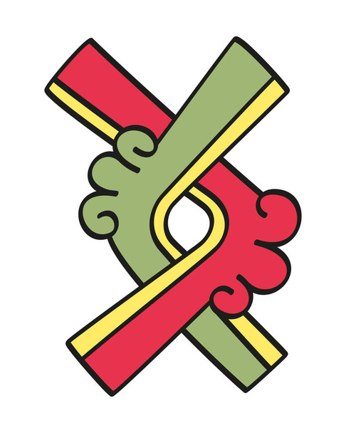 Ollin, ein aztekisches Symbol für Bewegung. Zwei verschachtelte Linien, die jeweils mit zwei zentralen Enden dargestellt sind. Symbol der vier (Nahui) Prinzipien Generation, Gemeinde, Vertreibung und Integration. - Vektor, Bild