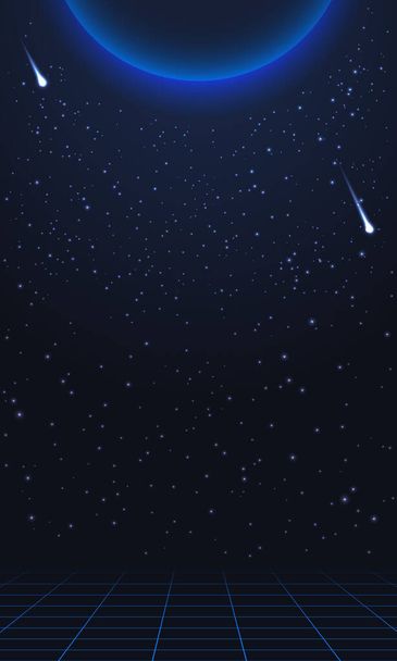 ilustración vertical vector simple colorido en el estilo de los años 80 del espacio exterior con gran planeta, cometas y estrellas de fondo - Vector, imagen