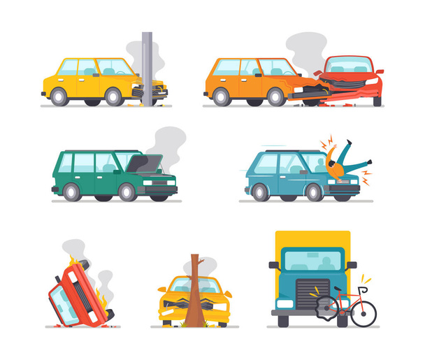 Impostare incidente stradale su strada, rotto Automobiles Stand on Roadside con cappuccio aperto e vapore, urto auto in pilastro - Vettoriali, immagini