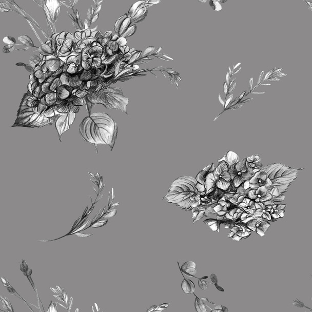 vinobraní vzor s černou a bílou hortenzií květiny nakreslené v akvarelu - Fotografie, Obrázek