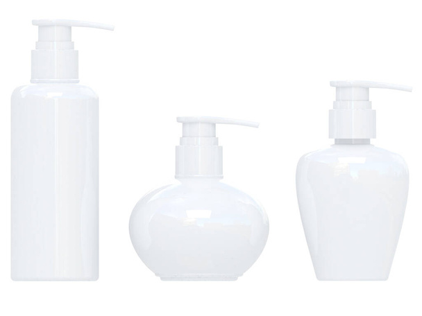 A 3D rendering of three bottles with different sizes on white background - Foto, Imagem
