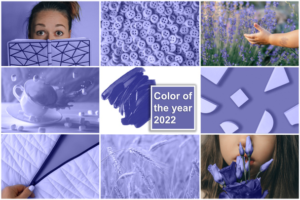 Kleur van het Jaar 2022, Zeer Peri. Collage van negen trendy paarse achtergronden - Foto, afbeelding