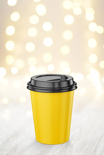 Blank yellow disposable coffee paper cup with black plastic lid with lights on wood table. 3d rendering illustration. - Photo, Image