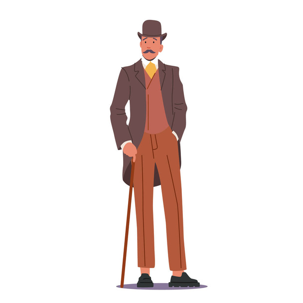 Elegante trotse man van de negentiende eeuw. Engelse Victoriaanse Gentleman in Frock Coat, Hoed Hold Walking Cane, Man Charater - Vector, afbeelding