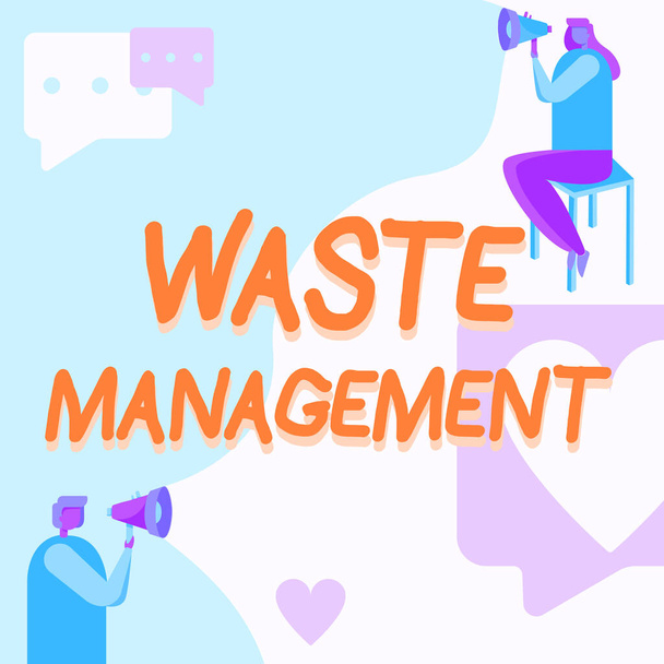 Conceptual caption Waste Management. Conceptual photo actions required manage rubbish inception to final disposal Man Standing And Woman Sitting Both Holding Megaphone With Message Symbol. - Photo, Image
