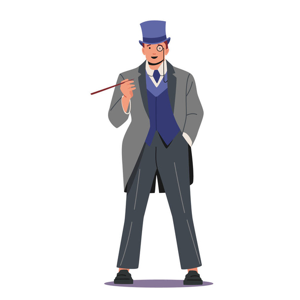 Elegante hombre de confianza de la boquilla fumadora del siglo XIX. Caballero inglés de levita, gafas monocle - Vector, imagen