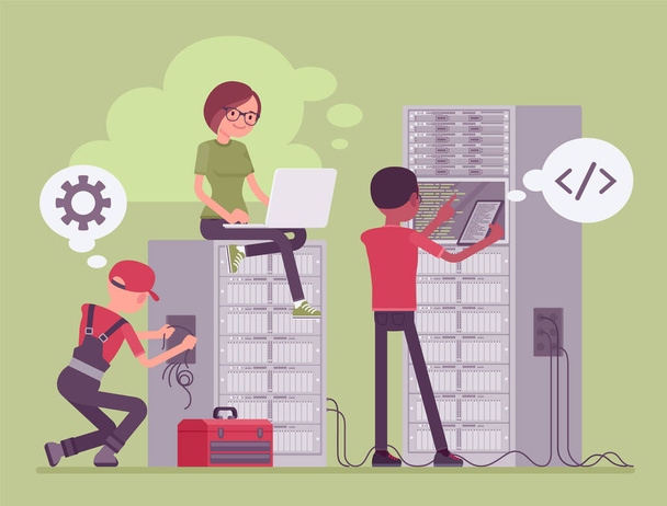 Data center server cloud support crew, system administrators at work - Vector, Image