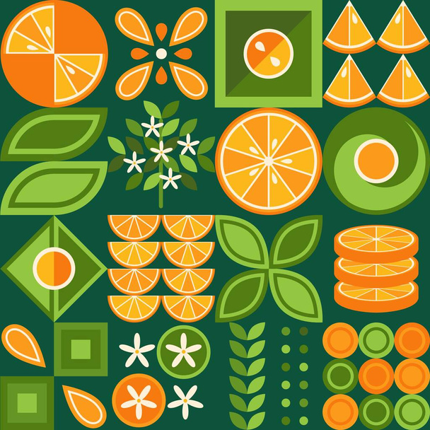 Set of design elements with oranges in simple geometric style. Abstract shapes. Good for branding, decoration of food package, cover design, decorative print, background. Inspired Bauhaus. - Vektor, obrázek