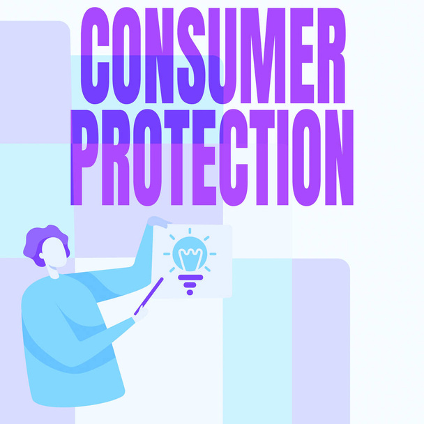 概念的なキャプション消費者保護。インターネットの概念公正取引法は、消費者の権利を確保するためにスティックを指している間、電球で紙を保持立って保護男. - 写真・画像