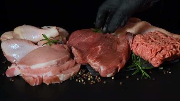 Diferentes tipos de carne cruda sobre un fondo negro - Metraje, vídeo