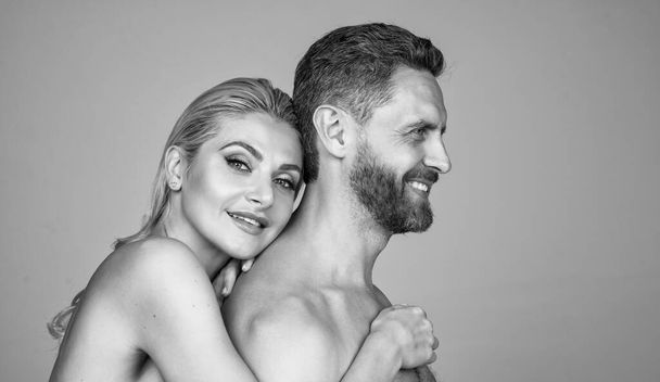 happy sexy couple in love of undressed man and woman embracing, relations - Фото, изображение