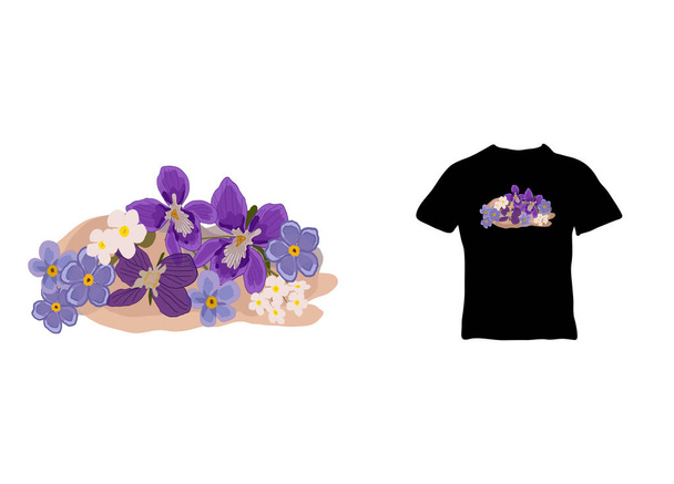 Hermosas flores de orquídea púrpura y no me olvides. Ilustraciones vectoriales, listas para ser impresas en camisetas, ropa, carteles y más. diseño de la camiseta. - Vector, Imagen