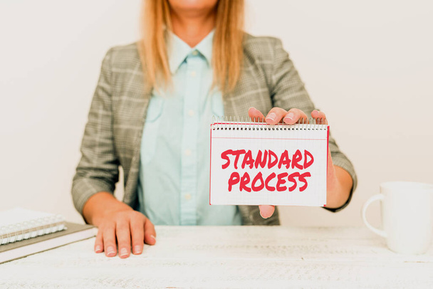 Znak tekstowy pokazujący Standardowy Proces. Słowo na zasady, które mają być dopasowane do jakości produktu finalnego New Business Presentation Ideas, Displaying Plans And Designs - Zdjęcie, obraz