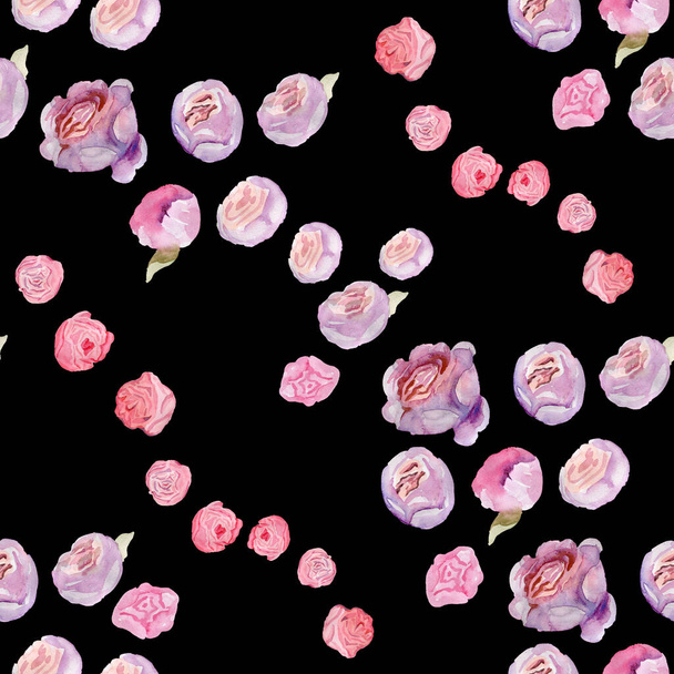 Akwarela Fioletowe róże Materiał Bezszwowy wzór Romantyczny Eleganckie pąki kwiatowe - Zdjęcie, obraz