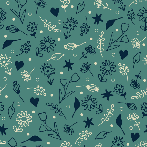 Seamless vector pattern with small hand drawn flowers on blue background. Beautiful textured floral wallpaper design. Decorative flower meadow fashion textile. - Vector, imagen