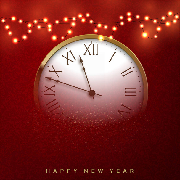 Feliz 2022 cartão de Ano Novo com relógio dourado e luzes. Vetor - Vetor, Imagem