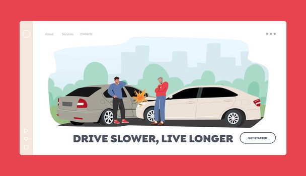Drivers Suffered in Traffic Jam. Landing Page Template. Car Accident on Road, Couple of Male Character Stand on Roadside - Vector, Image