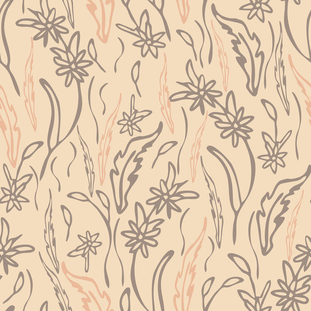 Seamless vector pattern with hand drawn grass texture on light pink background. Gentle flower meadow wallpaper design. Romantic floral fashion textile. - Διάνυσμα, εικόνα