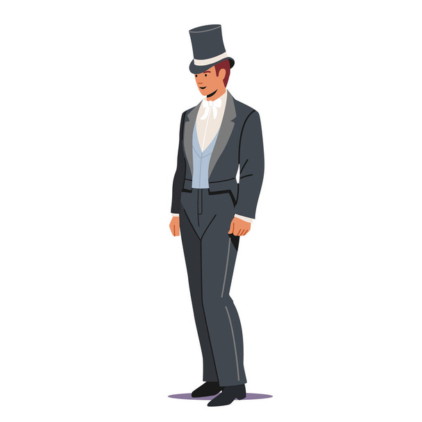 Винтажный джентльмен носит топ шляпу изолированы на белом фоне. Мужской персонаж в старинном элегантном костюме, Викторианский человек - Вектор,изображение