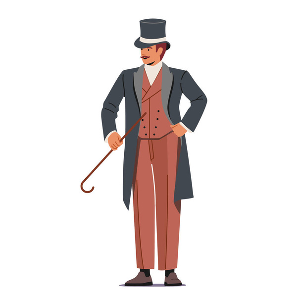 ビクトリア朝時代のエレガントな誇り高い男。フロックコートの紳士、白い背景に隔離された手でトップハットホールド杖 - ベクター画像