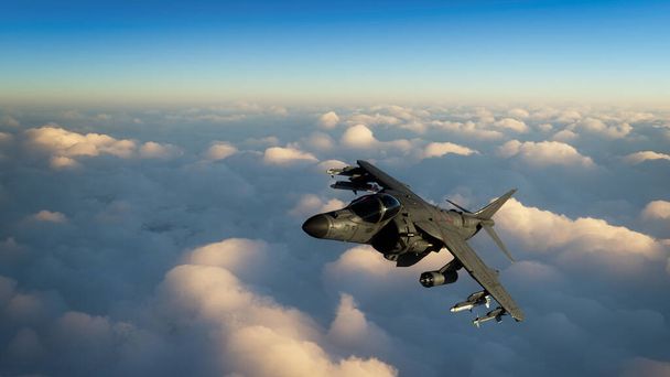 Mavi gökyüzüyle bulutların üzerinde uçan askeri jet uçağı. 3B illüstrasyon. - Fotoğraf, Görsel