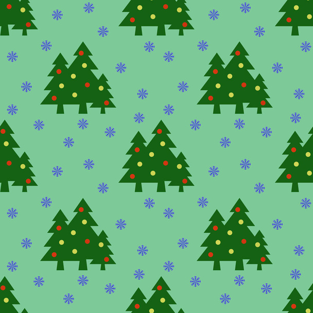 Nahtloses Muster. Bild von grünen Weihnachtsbäumen mit Kugeln und Schneeflocken auf pastellgrünem Hintergrund. Symbol für Neujahr und Weihnachten. Vorlage zum Auftragen auf die Oberfläche. 3D-Bild. 3D-Darstellung - Foto, Bild