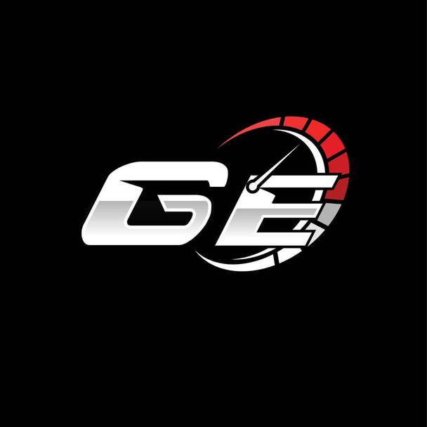 Начальная монограмма логотипа GE с дизайном в стиле спидометра на черном фоне. Разработка логотипа гоночной скорости, монограммы спидометра. - Вектор,изображение