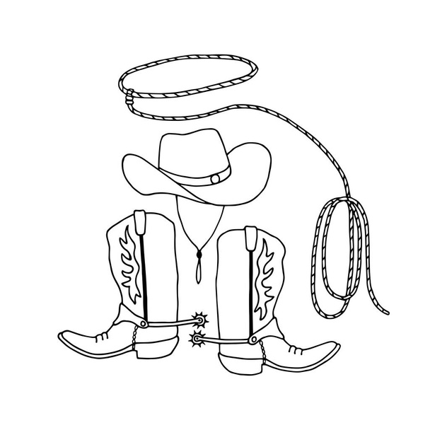 Set of cowboy boots, hat, rope lasso. Vector illustration. Isolated on white background, outline, hand drawing. - Vettoriali, immagini